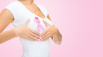 Image showing woman with pink breast cancer awareness ribbon