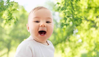 Image showing portrait of happy laughing little baby over nature