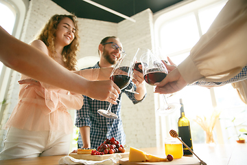 Image showing People clinking glasses with wine or champagne. Happy cheerful friends celebrate holidays, meeting. Close up shot of smiling friends, lifestyle