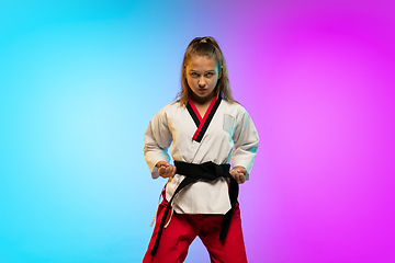 Image showing Karate, taekwondo girl with black belt isolated on gradient background in neon light