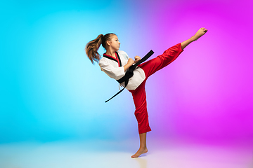 Image showing Karate, taekwondo girl with black belt isolated on gradient background in neon light