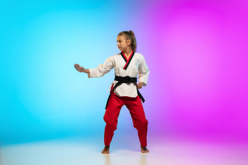 Image showing Karate, taekwondo girl with black belt isolated on gradient background in neon light