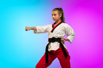 Image showing Karate, taekwondo girl with black belt isolated on gradient background in neon light