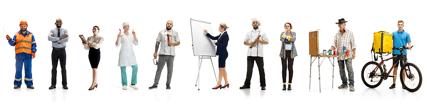 Image showing Group of people with different professions isolated on white studio background, horizontal