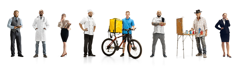 Image showing Group of people with different professions isolated on white studio background, horizontal