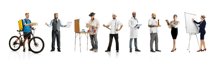Image showing Group of people with different professions isolated on white studio background, horizontal