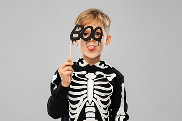 Image showing boy in halloween costume of skeleton making faces