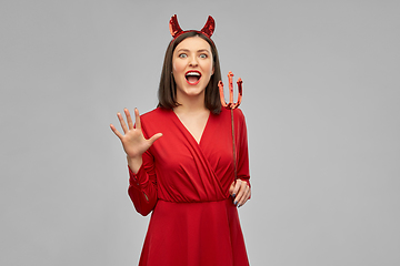 Image showing scary woman in red halloween costume of devil