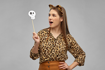 Image showing surprised woman in halloween costume of leopard