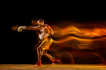 Image showing Professional boxer training isolated on black studio background in mixed light