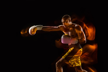 Image showing Professional boxer training isolated on black studio background in mixed light