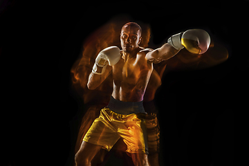 Image showing Professional boxer training isolated on black studio background in mixed light