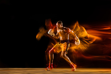 Image showing Professional boxer training isolated on black studio background in mixed light