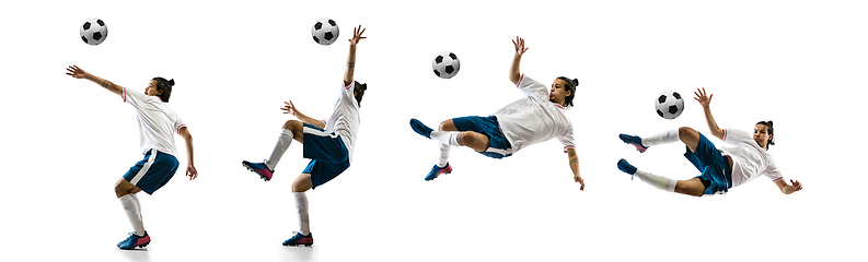 Image showing Confident football player in motion and action isolated on white background, kicking ball in dynamic