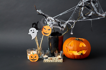 Image showing happy halloween toy blocks and party decorations