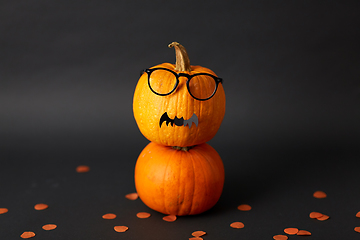 Image showing halloween pumpkins with glasses and bat