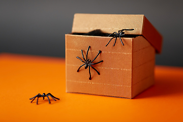 Image showing toy spiders crawling out of gift box on halloween