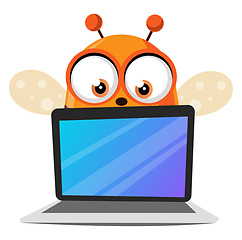 Image showing Bee holding a laptop, illustration, vector on white background.