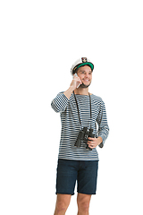 Image showing Caucasian male sailor in uniform isolated on white studio background