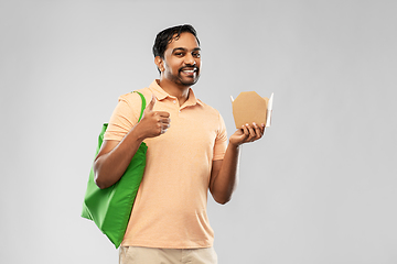 Image showing man with reusable shopping bag and takeout food