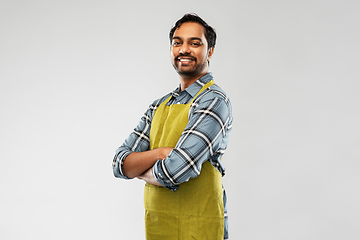 Image showing happy indian male gardener or farmer in apron