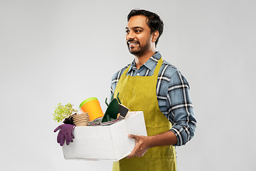 Image showing indian gardener or farmer with box of garden tools