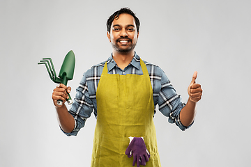 Image showing indian gardener or farmer with box of garden tools