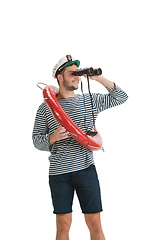 Image showing Caucasian male sailor in uniform isolated on white studio background