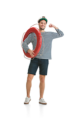 Image showing Caucasian male sailor in uniform isolated on white studio background