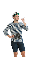 Image showing Caucasian male sailor in uniform isolated on white studio background