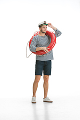 Image showing Caucasian male sailor in uniform isolated on white studio background