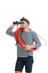 Image showing Caucasian male sailor in uniform isolated on white studio background