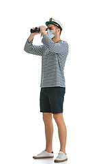 Image showing Caucasian male sailor in uniform isolated on white studio background