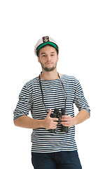 Image showing Caucasian male sailor in uniform isolated on white studio background