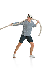 Image showing Caucasian male sailor in uniform isolated on white studio background