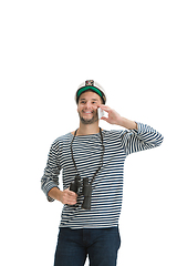 Image showing Caucasian male sailor in uniform isolated on white studio background