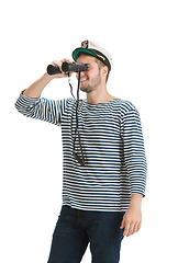 Image showing Caucasian male sailor in uniform isolated on white studio background