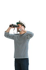 Image showing Caucasian male sailor in uniform isolated on white studio background