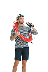 Image showing Caucasian male sailor in uniform isolated on white studio background