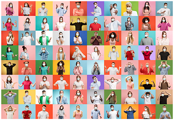 Image showing The collage of surprised people wearing protective face masks on multicolored background