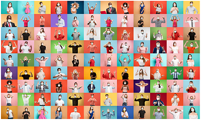 Image showing The collage of surprised people wearing protective face masks on multicolored background