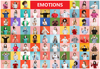 Image showing The collage of surprised people wearing protective face masks on multicolored background