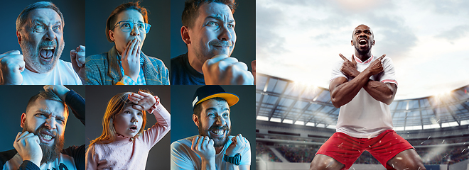 Image showing Emotional friends or fans watching football, soccer match on TV, look excited. Fans support, championship, competition concept. Collage