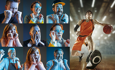 Image showing Emotional friends or fans watching basketball match on TV, look excited. Fans support, championship, competition concept. Collage