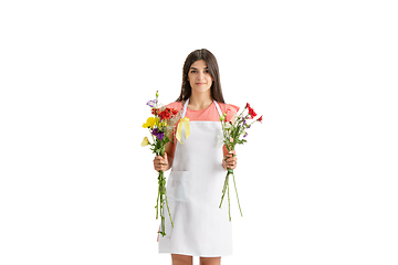 Image showing Young woman, florist with bouquet isolated on white studio background