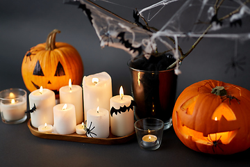 Image showing pumpkins, candles and halloween decorations