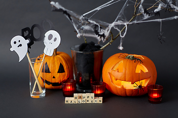 Image showing happy halloween toy blocks and party decorations