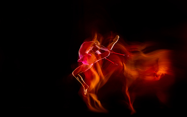 Image showing Young flexible female gymnast isolated on black studio background in mixed light,