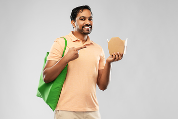 Image showing man with reusable shopping bag and takeout food