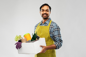 Image showing indian gardener or farmer with box of garden tools